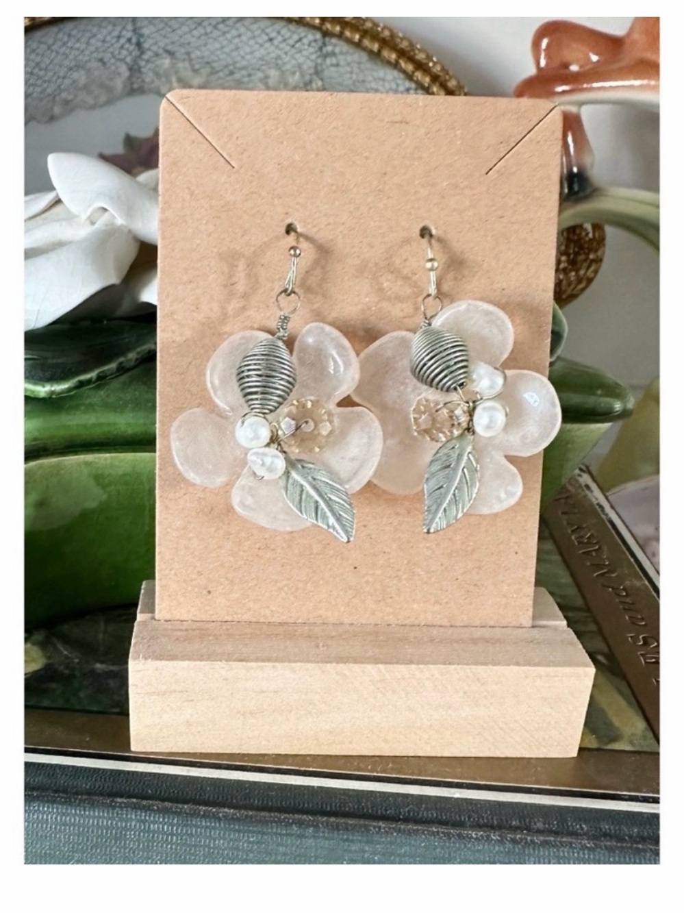 Bohemian Delicate White Flower Drop Earrings with Silver Leaf Accents